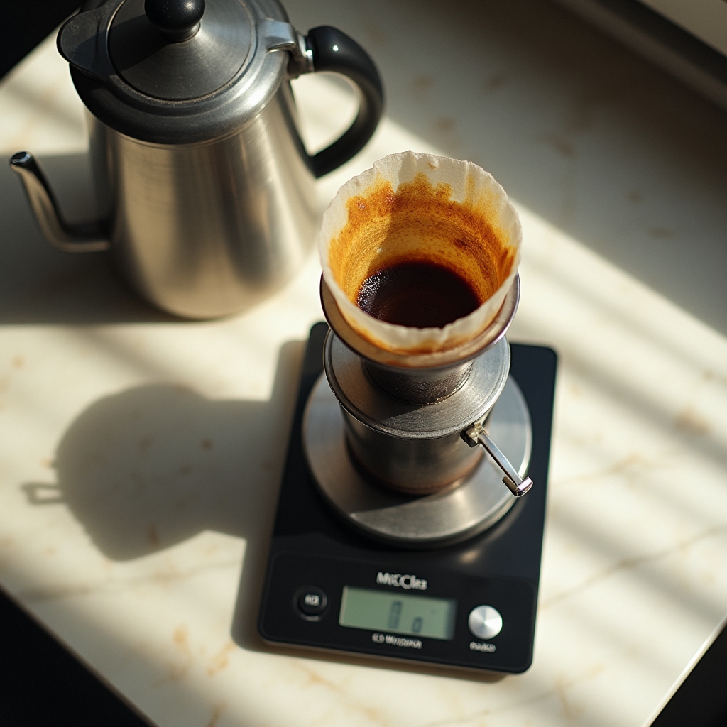 AeroPress pe cântar digital cu cafea în curs de preparare