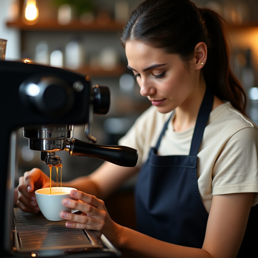 Barista care monitorizează extracția espressoului cu atenție